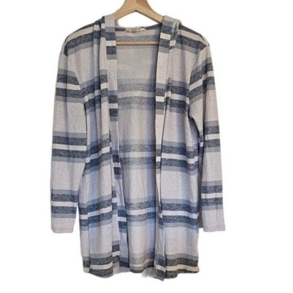 Tru Self‎ Cardigan Hooded Size Large Gray stripped open front